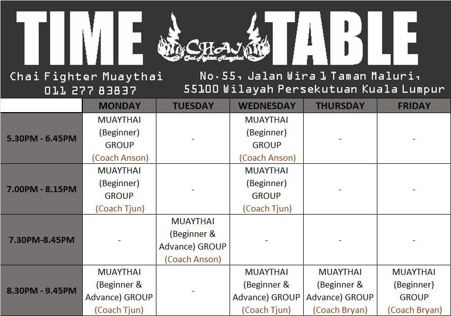 Chai Fighter Muaythai Class Timetable