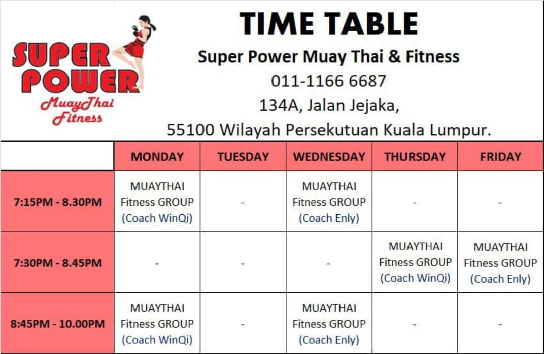 Super Power Muaythai & Fitness Class Timetable